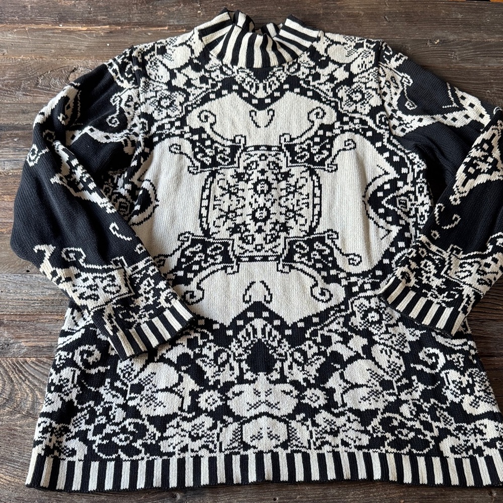 Pierre Cardin vintage baroque black cream cotton high neck tunic sweater Medium